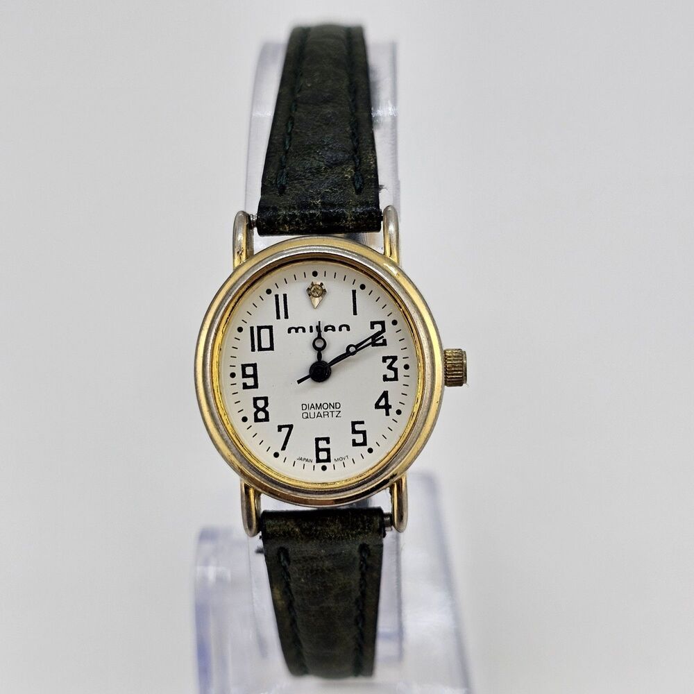 Milan Women's Watch 22MM White Dial Dark Green Leather Bands New Battery